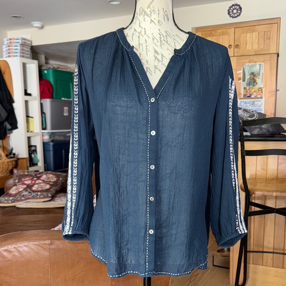 Velvet by Graham & Spencer, Navy Blue,  Button Down Peasant Top